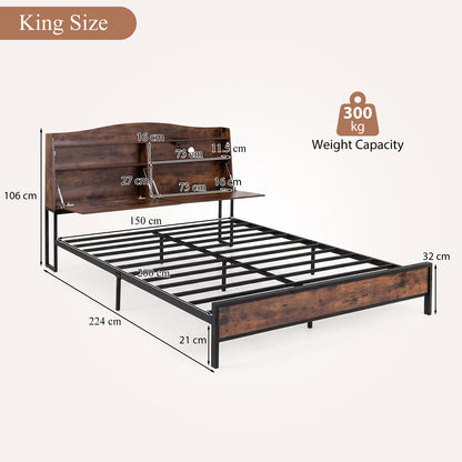 King Size Industrial Metal Platform Bed Frame with Charging Station and Storage Headboard-King Size