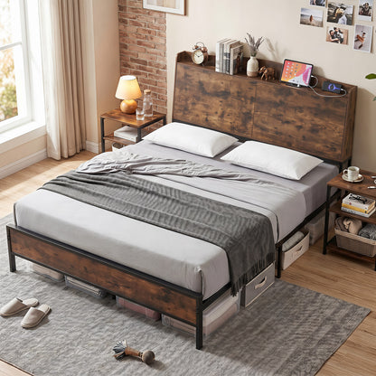 King Size Industrial Metal Platform Bed Frame with Charging Station and Storage Headboard-King Size