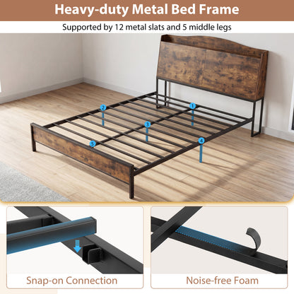 King Size Industrial Metal Platform Bed Frame with Charging Station and Storage Headboard-King Size