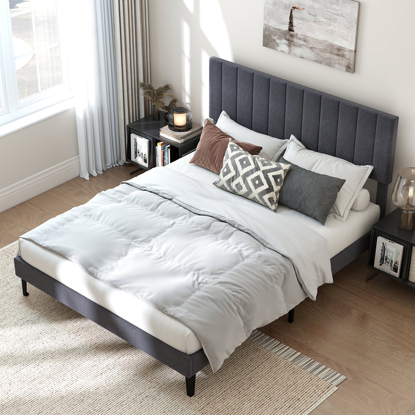King/Double Size Linen Fabric Bed Frame with Height Adjustable Headboard-Grey-King Size