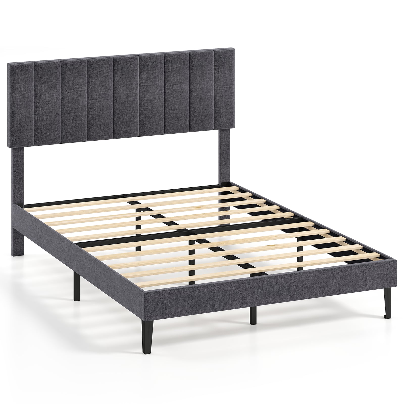 King/Double Size Linen Fabric Bed Frame with Height Adjustable Headboard-Grey-Double Size