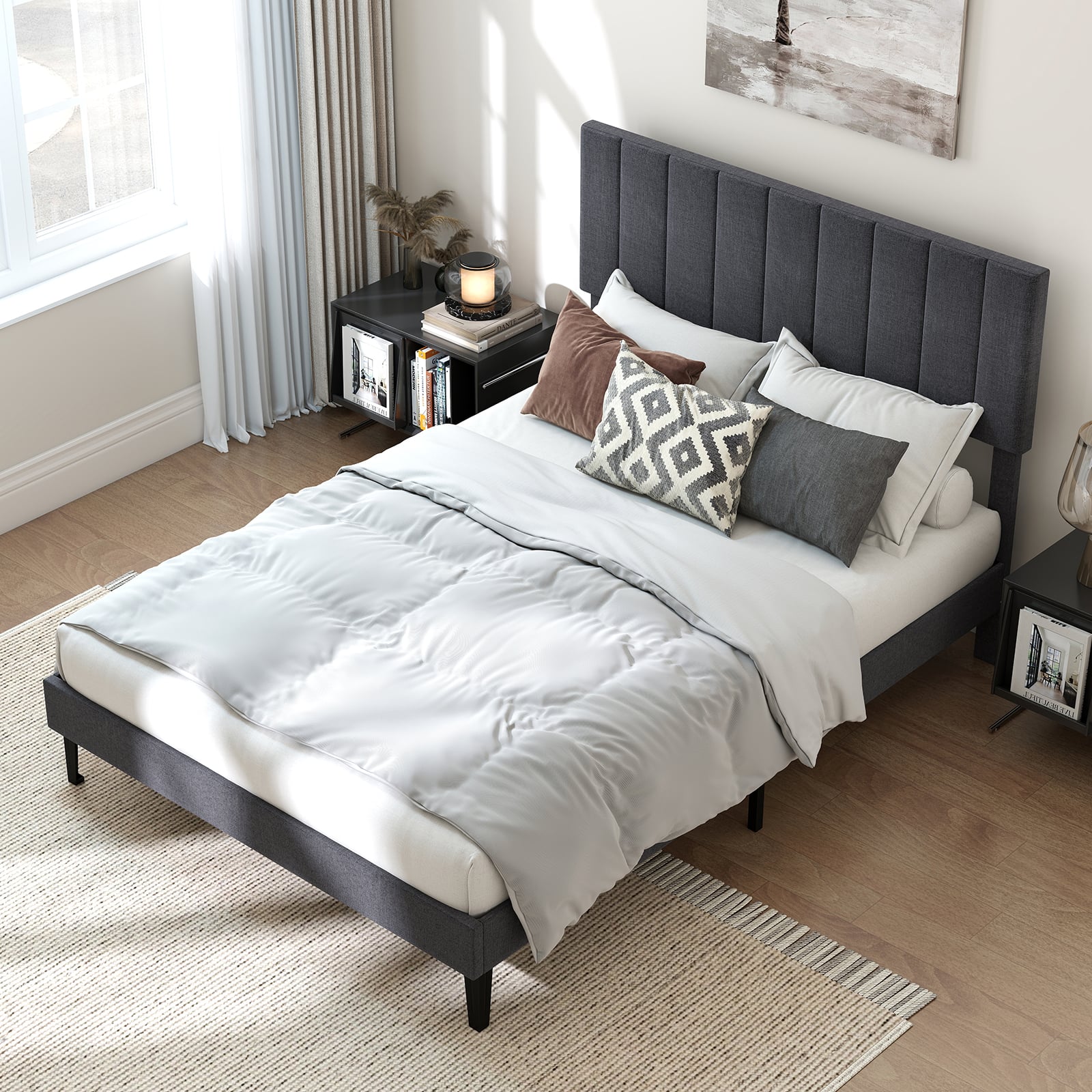 King/Double Size Linen Fabric Bed Frame with Height Adjustable Headboard-Grey-Double Size