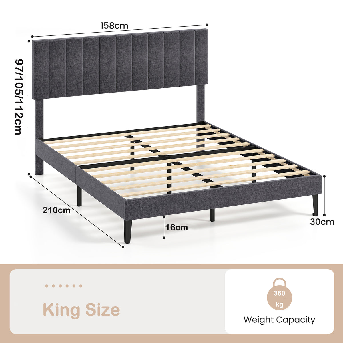 King/Double Size Linen Fabric Bed Frame with Height Adjustable Headboard-Grey-King Size