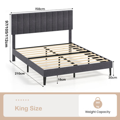 King/Double Size Linen Fabric Bed Frame with Height Adjustable Headboard-Grey-King Size
