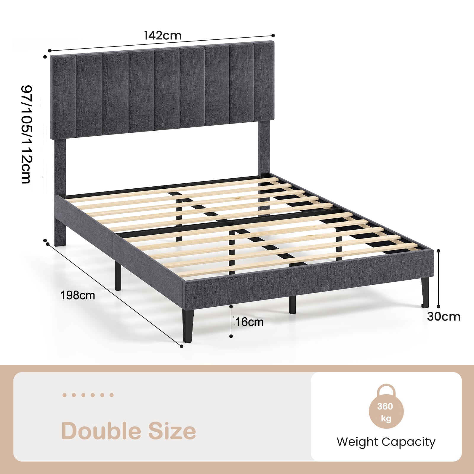 King/Double Size Linen Fabric Bed Frame with Height Adjustable Headboard-Grey-Double Size