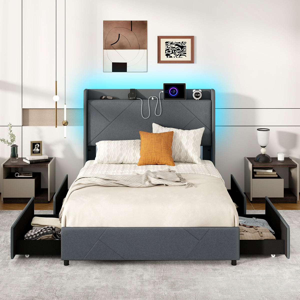 Double/King Size Bed Frame with LED Lights and Charging Station-Double Size
