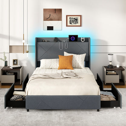 Double/King Size Bed Frame with LED Lights and Charging Station-Double Size