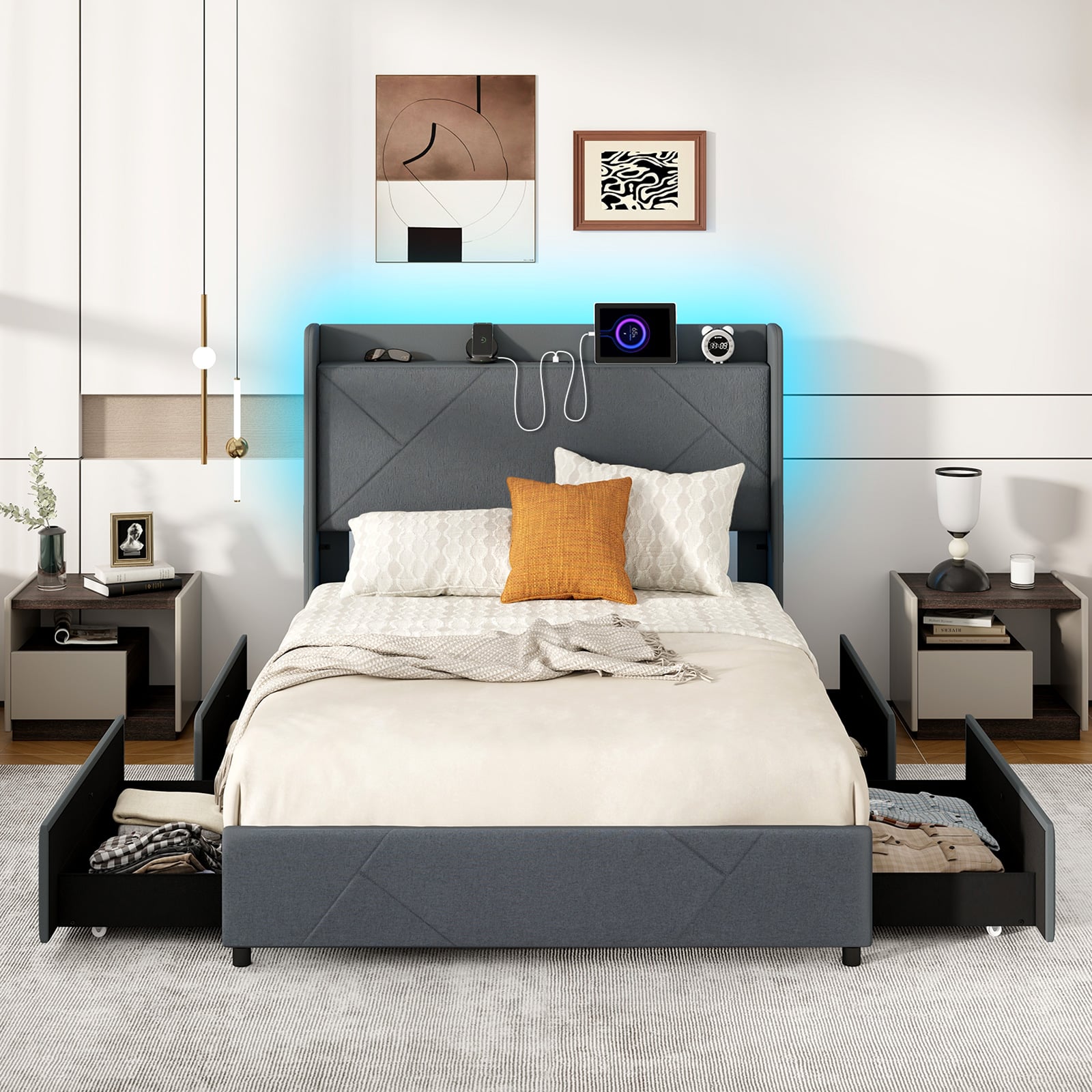 Double/King Size Bed Frame with LED Lights and Charging Station-Double Size