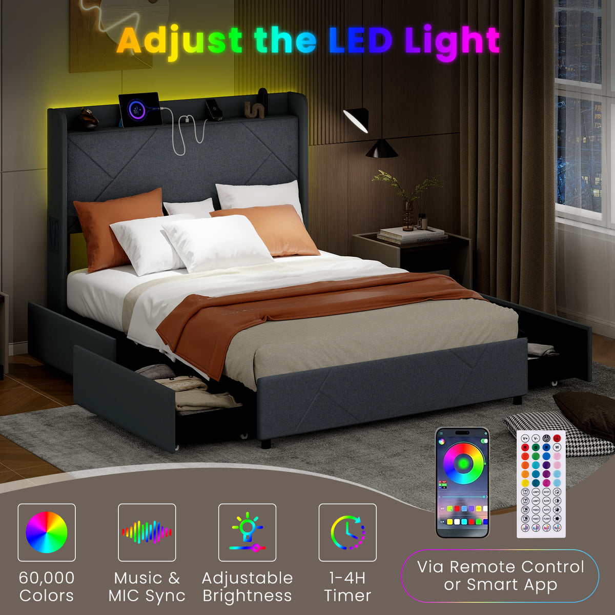 Double/King Size Bed Frame with LED Lights and Charging Station-Double Size