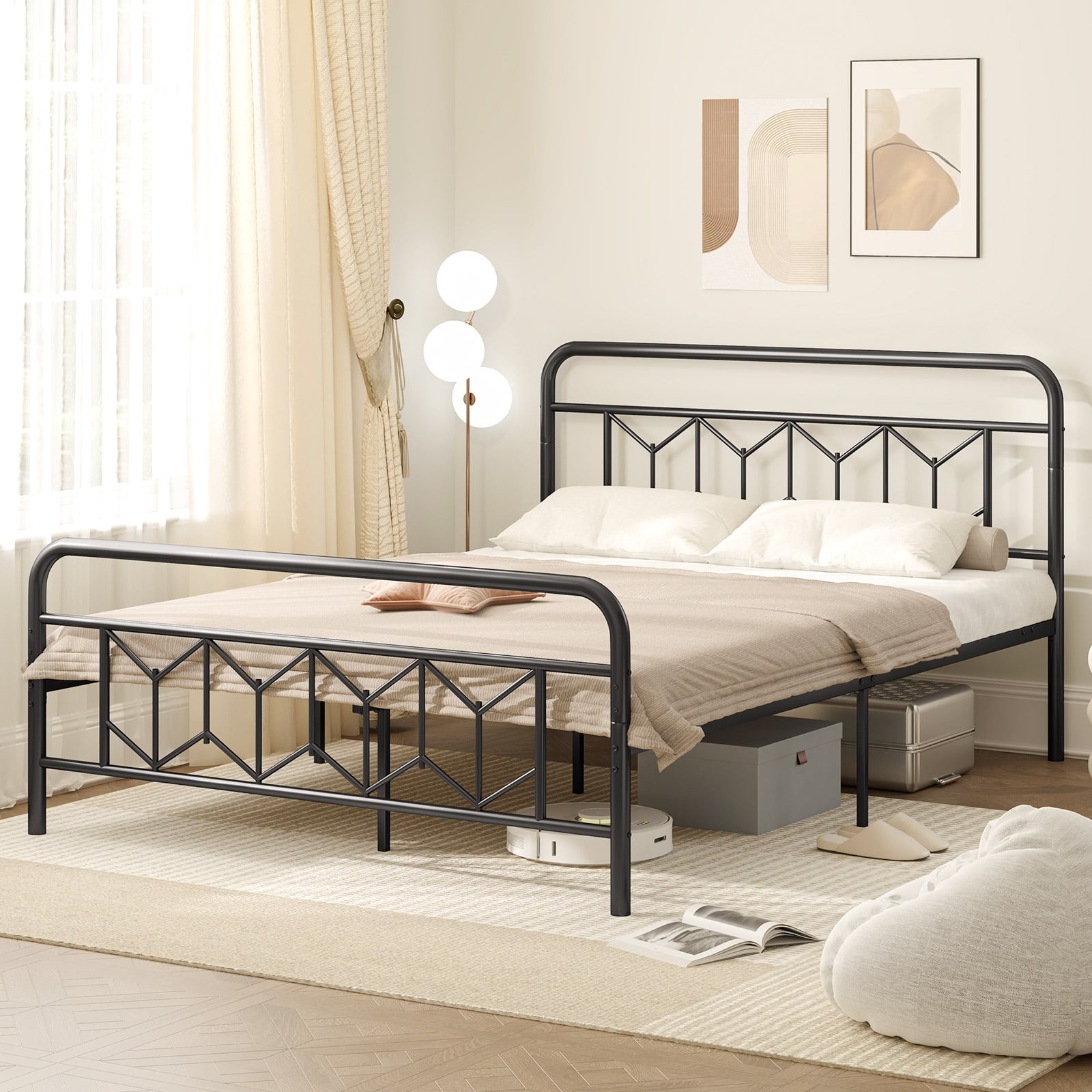 Single/Double/King Size Metal Bed Frame with High Headboard and Mute Bar-Black-King Size