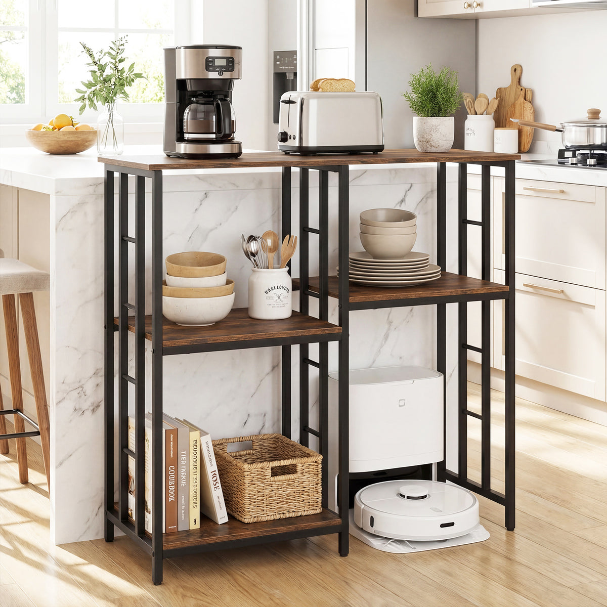 Kitchen Baker's Rack Industrial Coffee Bar Table with Shelves-Rustic Brown