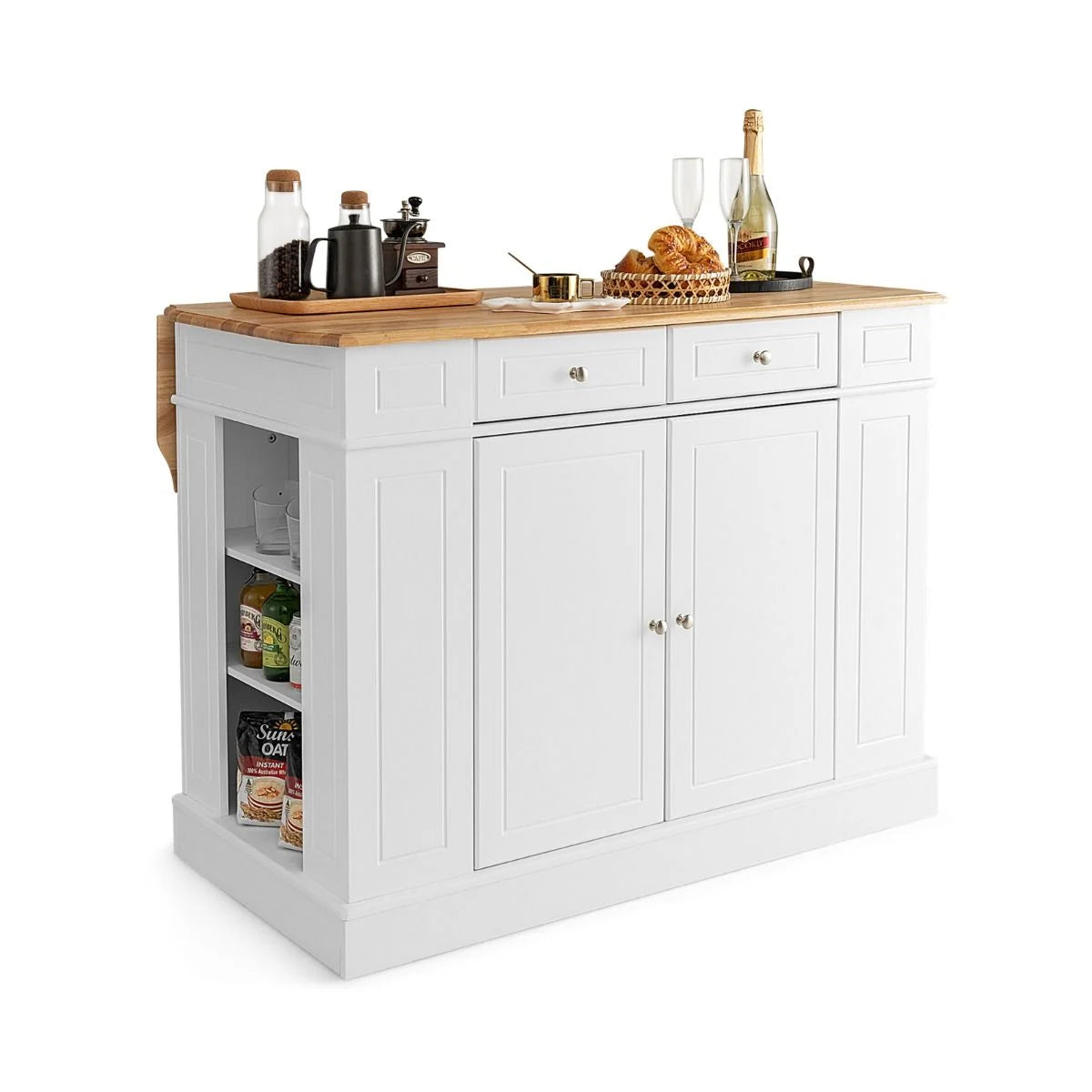 Kitchen Island with Drop-Leaf Countertop with 2 Modern Adjustable Chenille Upholstered Bar Stools Set