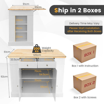 Kitchen Island with Drop-Leaf Countertop with 2 Modern Adjustable Chenille Upholstered Bar Stools Set