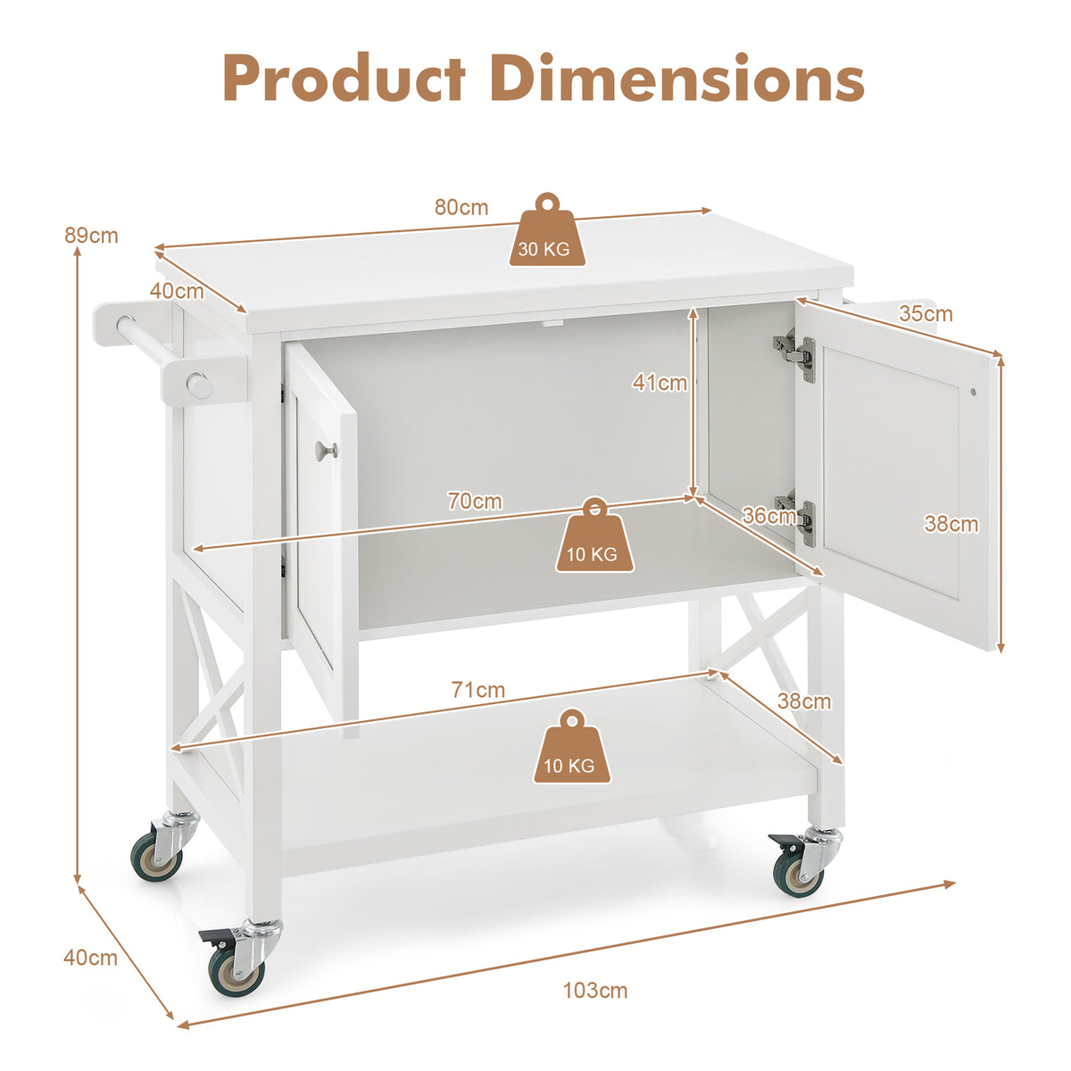 Kitchen Cart with Storage Cabinet with Towel Rack and Spice Rack-White