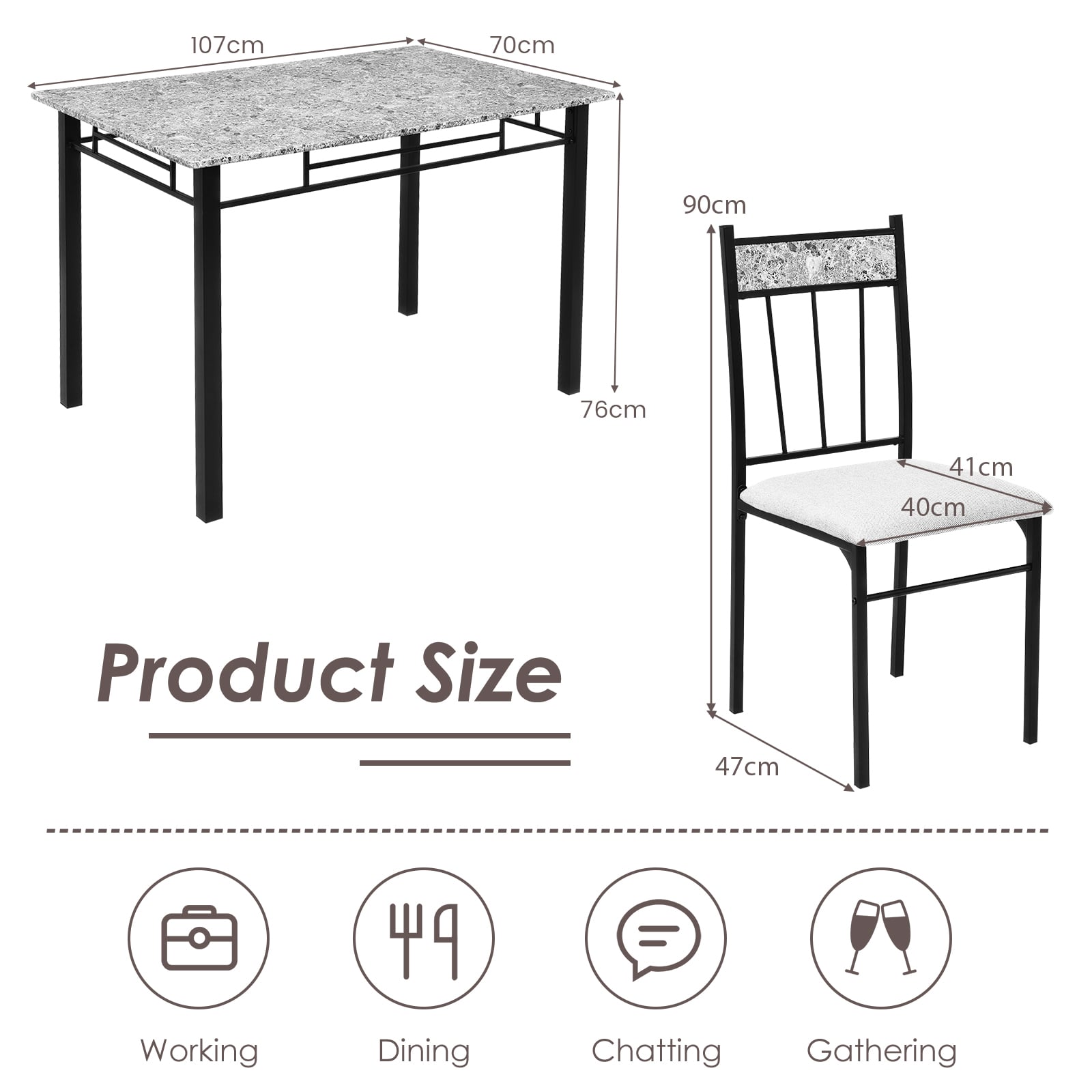 Marble 5-piece Kitchen Dining Set with Sponge Cushion and Metal Structure-Grey