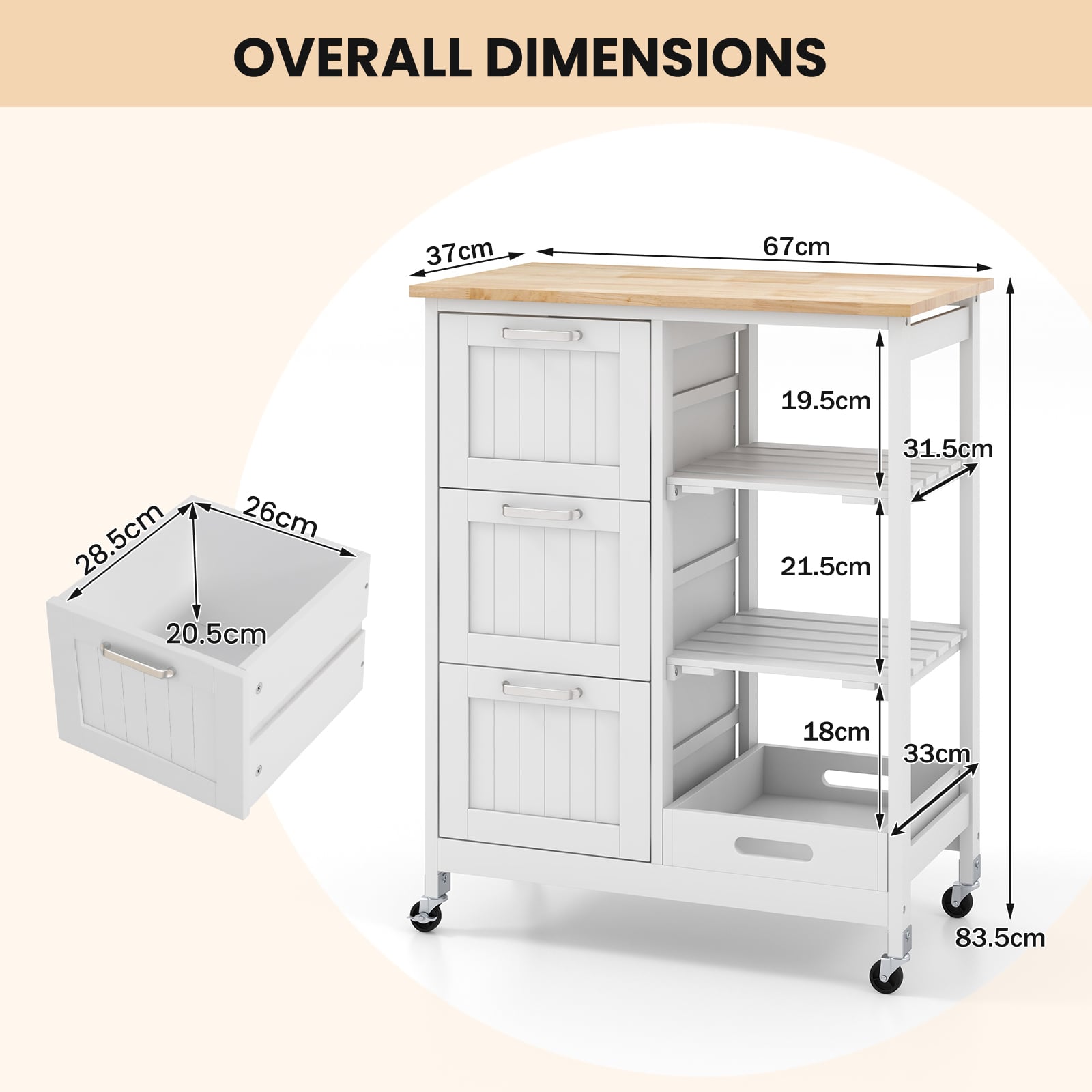 Kitchen Island Rolling Cart Utility Cart on Lockable Wheels with 3 Drawers-White