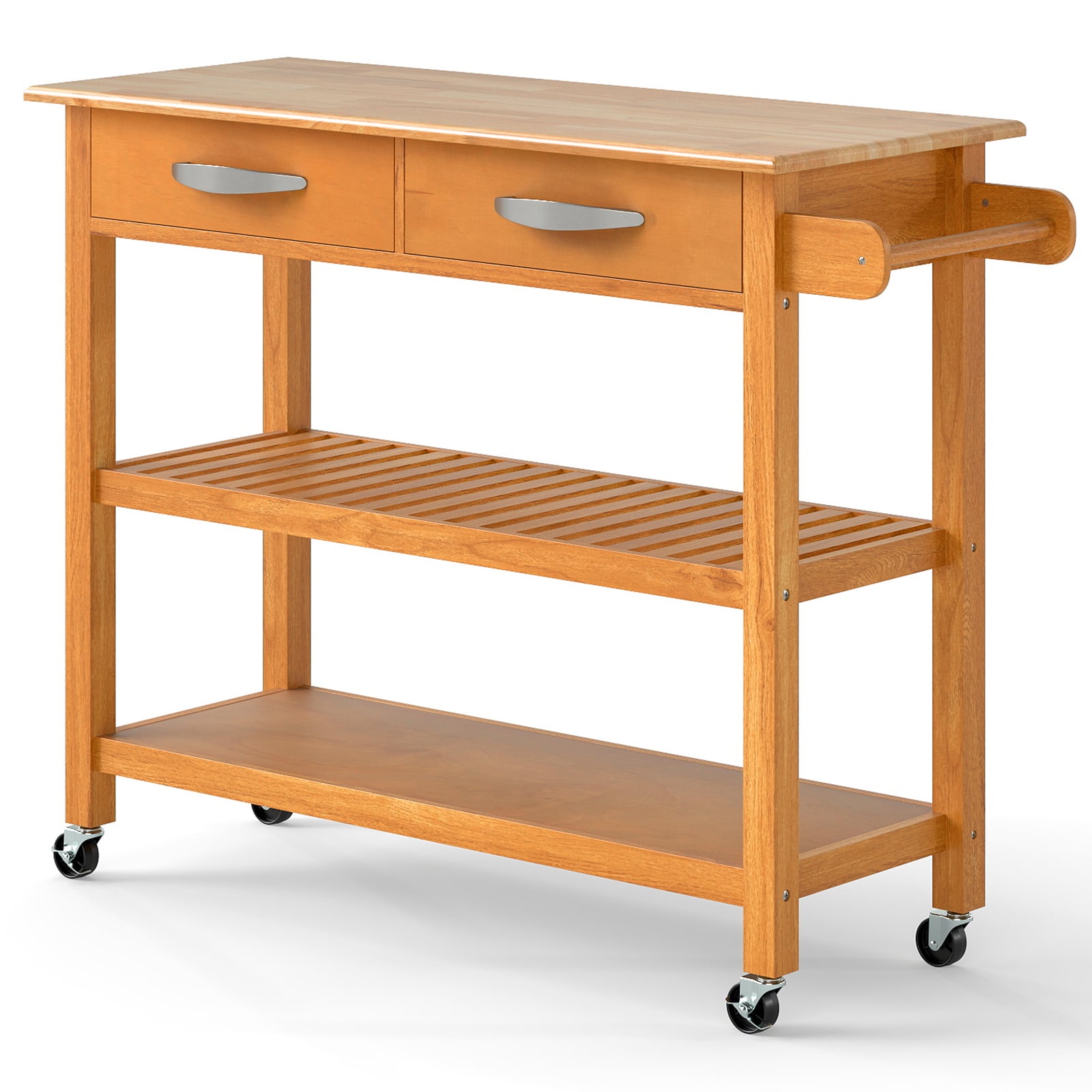 Kitchen Island with Storage 3-Tier Rolling Utility Cart with Wood Countertop-Natural