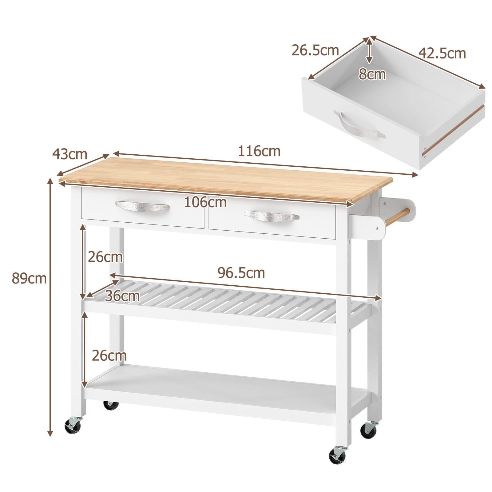 Kitchen Island with Storage 3-Tier Rolling Utility Cart with Wood Countertop-White