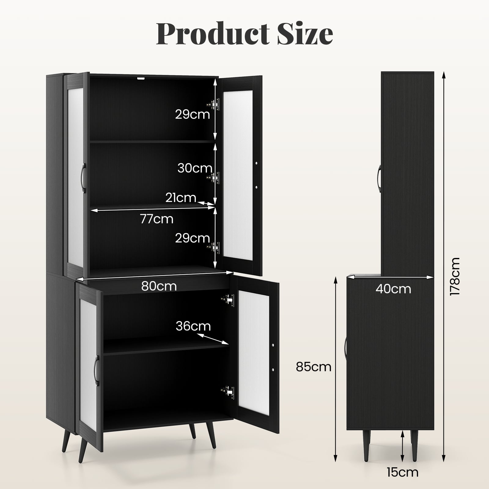 Kitchen Pantry Cabinet with Transparent Doors and Metal Legs-Black