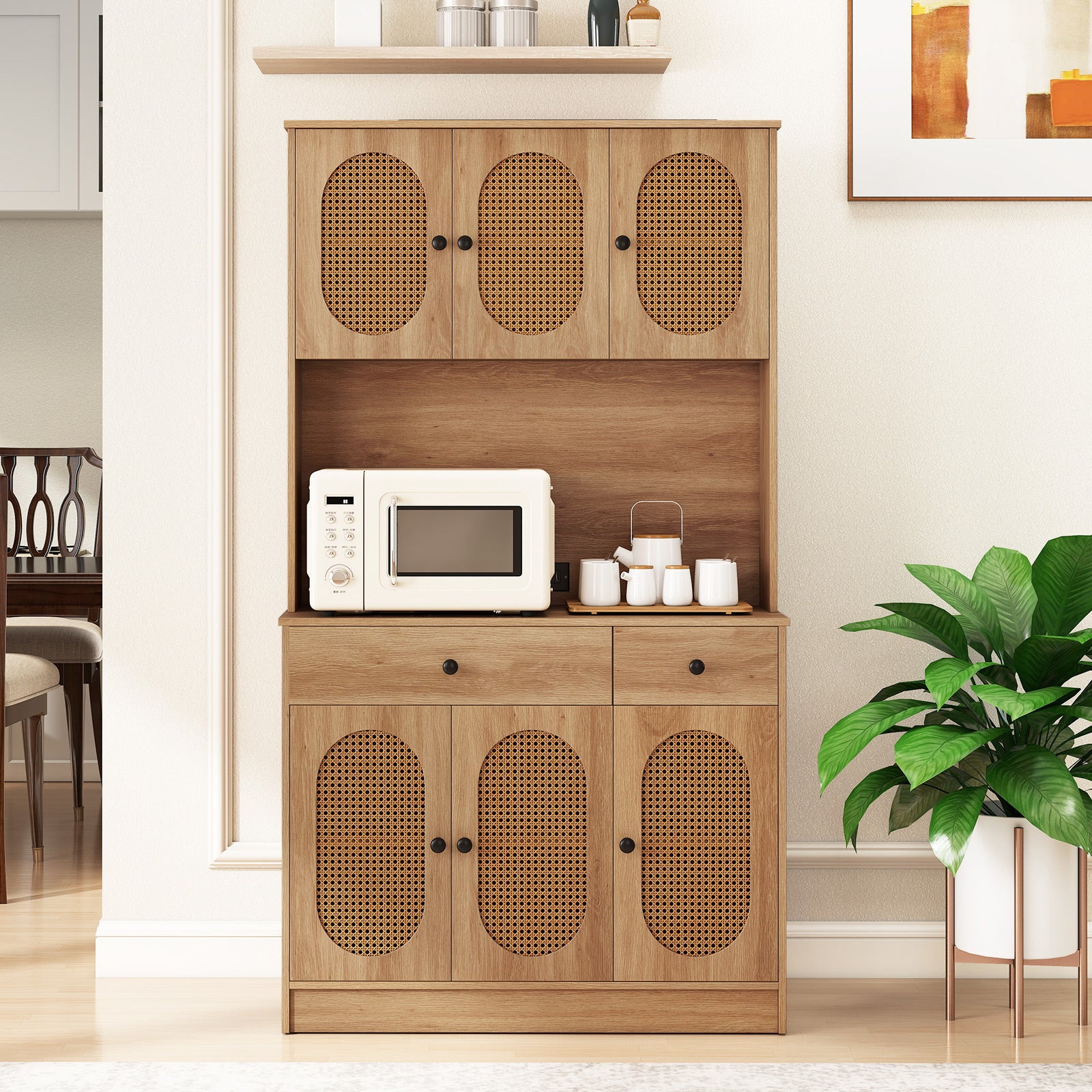 Kitchen Storage Cabinet with Charging Station and 6 Rattan Doors-Natural