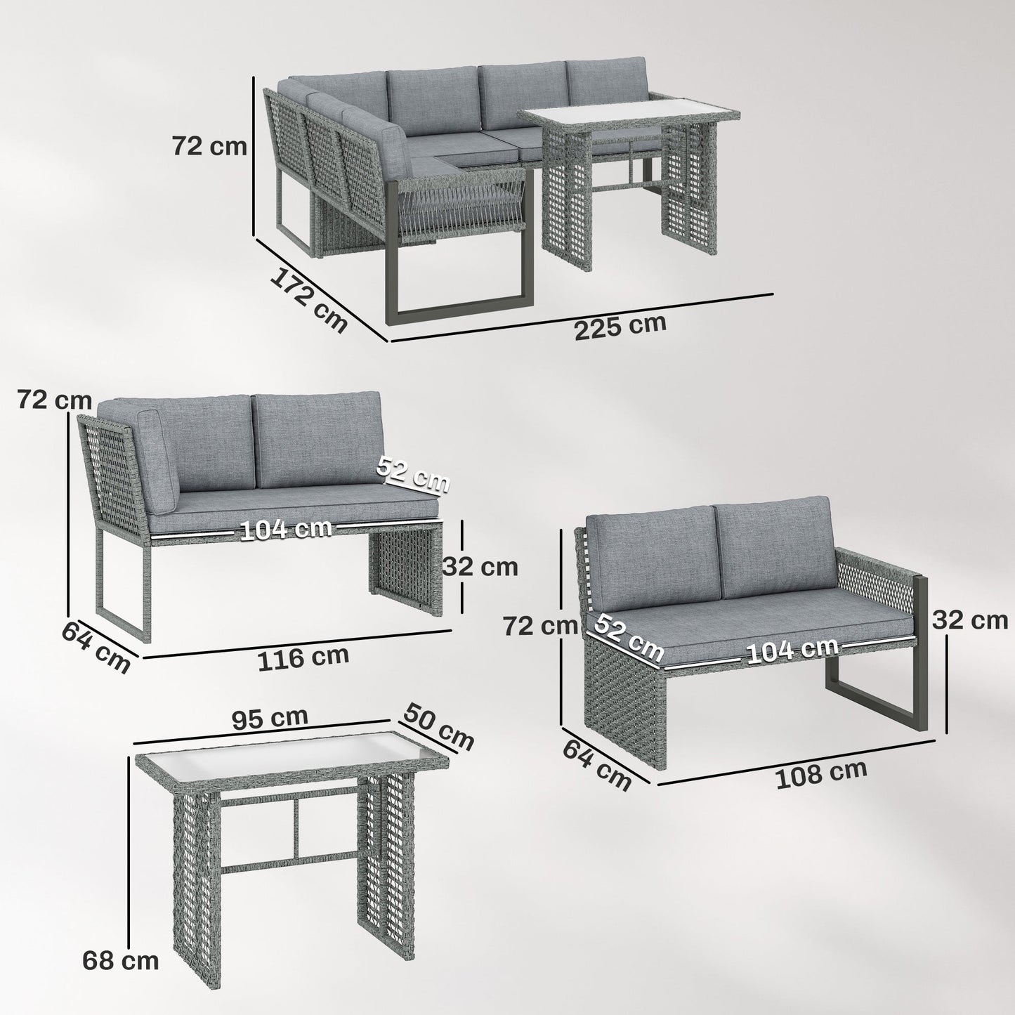 Outsunny 6 Seater Rattan Garden Furniture Set with 3 Loveseats, Table, Patio Rattan Furniture Corner Sofa Set, Grey