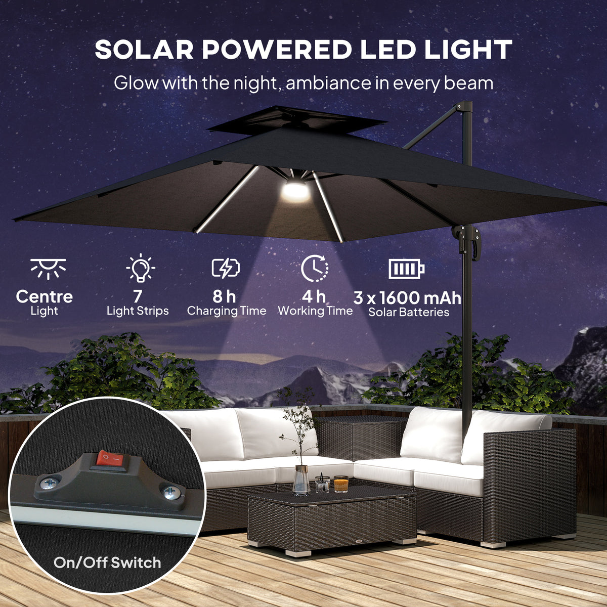 Outsunny 2.5m Cantilever Parasol with Solar Powered LED Lights in Dark Grey