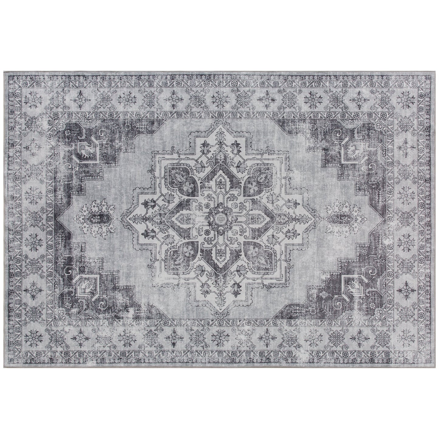 HOMCOM Vintage Area Rug, Non-Slip Washable Rug, Flannel Floor Carpet for Living Room, Bedroom, Dining Room, Home Office, 230 x 160 cm, Grey