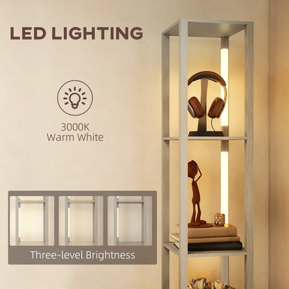 HOMCOM Floor Lamp with Shelves, LED Column Modern Standing Lamp with Fabric Drawer, Adjustable Brightness, Foot Switch for Living Room, Bedroom, Office, Oak