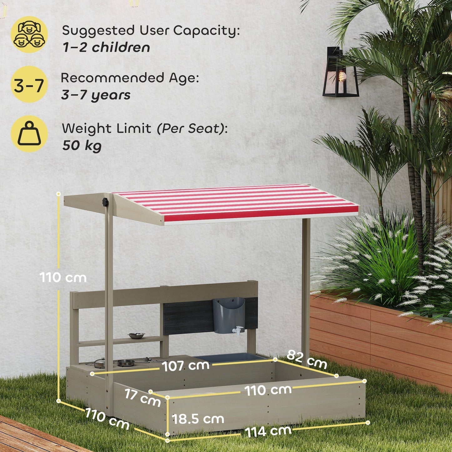 Outsunny Kids Wooden Sandbox w/ Canopy, Kitchen Toys, Seat, Storage, for Ages 3-7 Years