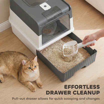 PawHut Enclosed Cat Litter Box with Lid, Pull-Out Drawer Tray, Scoop, 4 Deodorisation Bags, Front Entry & Top Exit, Grey