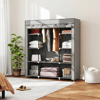 HOMCOM Clothes Storage Organiser with Hanging Rail, Shelves, Portable Wardrobe, Foldable Fabric Wardrobe, Light Grey