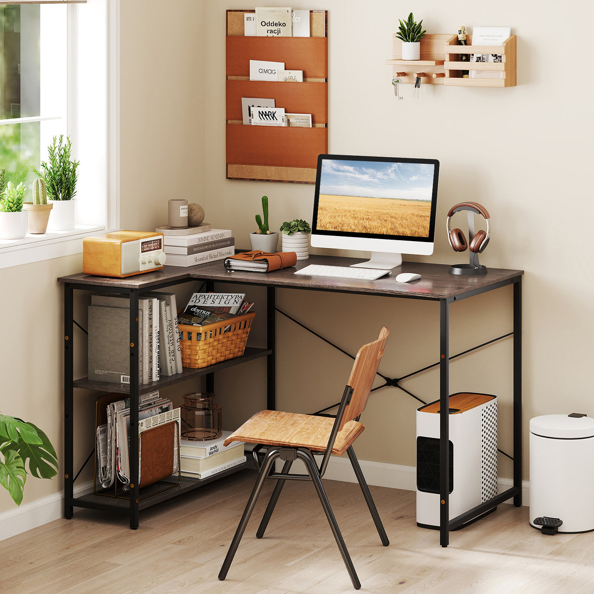 L-shaped Desk with Power Outlet with Reversible Adjustable Storage Shelves-Grey