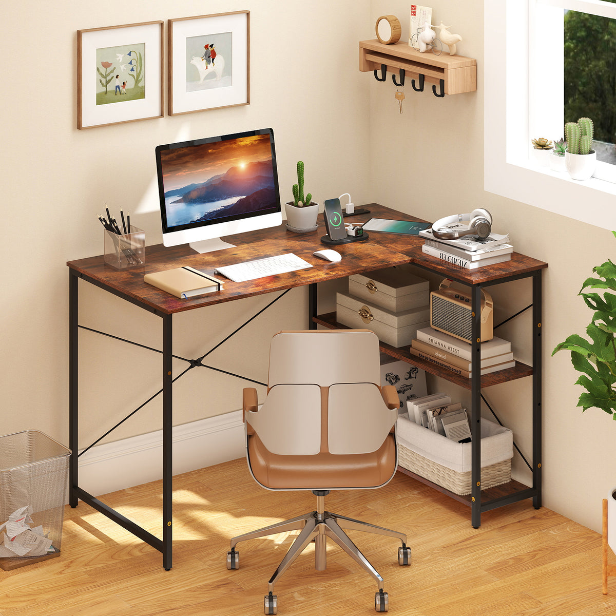 L-shaped Desk with Power Outlet with Reversible Adjustable Storage Shelves-Rustic Brown