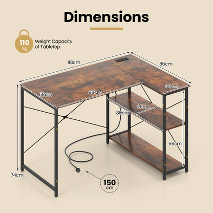 L-shaped Desk with Power Outlet with Reversible Adjustable Storage Shelves-Rustic Brown