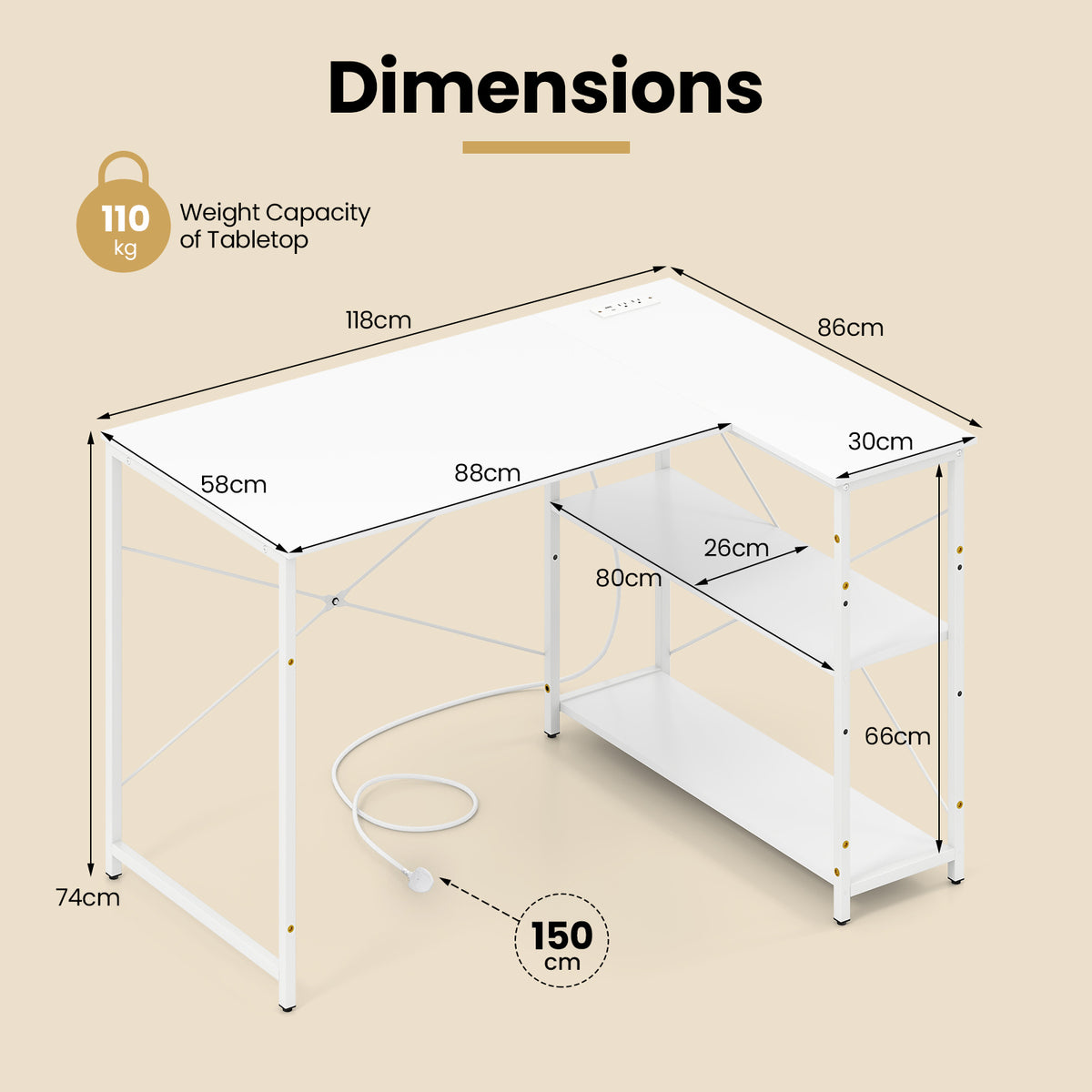 L-shaped Desk with Power Outlet with Reversible Adjustable Storage Shelves-White