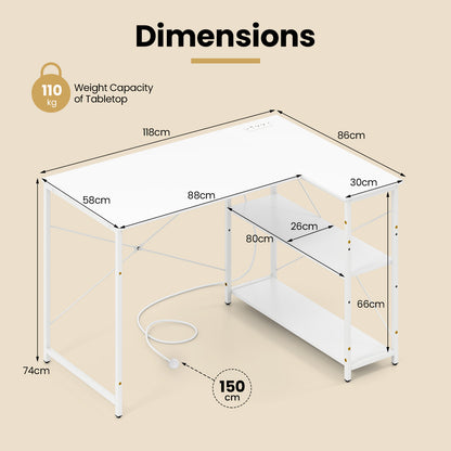L-shaped Desk with Power Outlet with Reversible Adjustable Storage Shelves-White