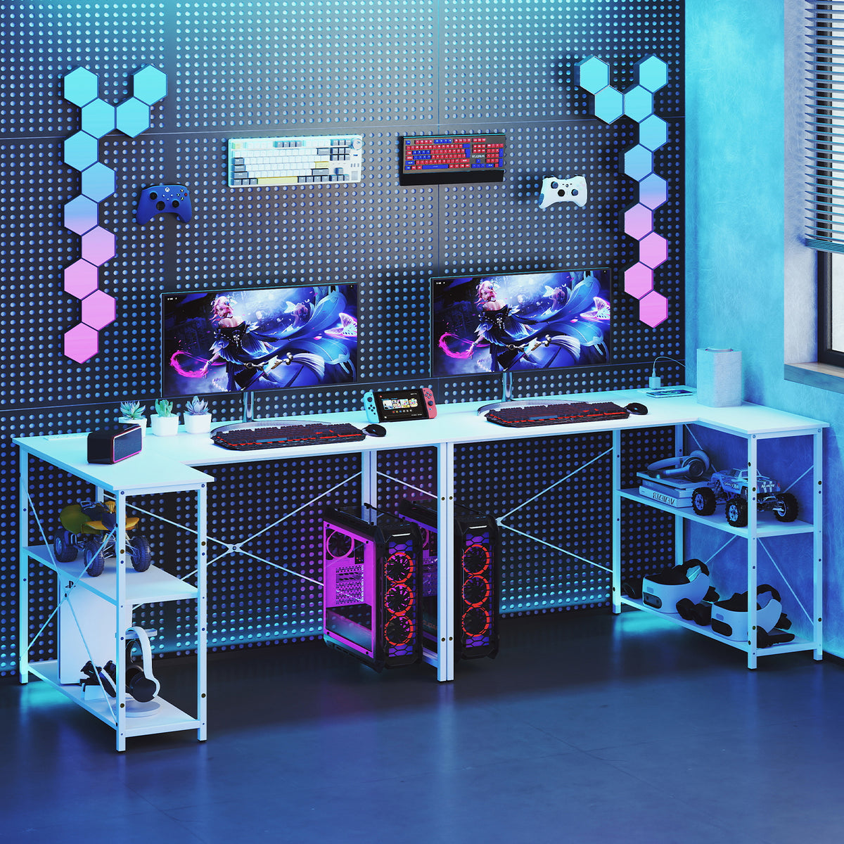 L-shaped Desk with Power Outlet with Reversible Adjustable Storage Shelves-White
