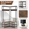 L-shaped Clothes Corner Garment Rack with Open Shelves and 7 Hooks-Rustic Brown