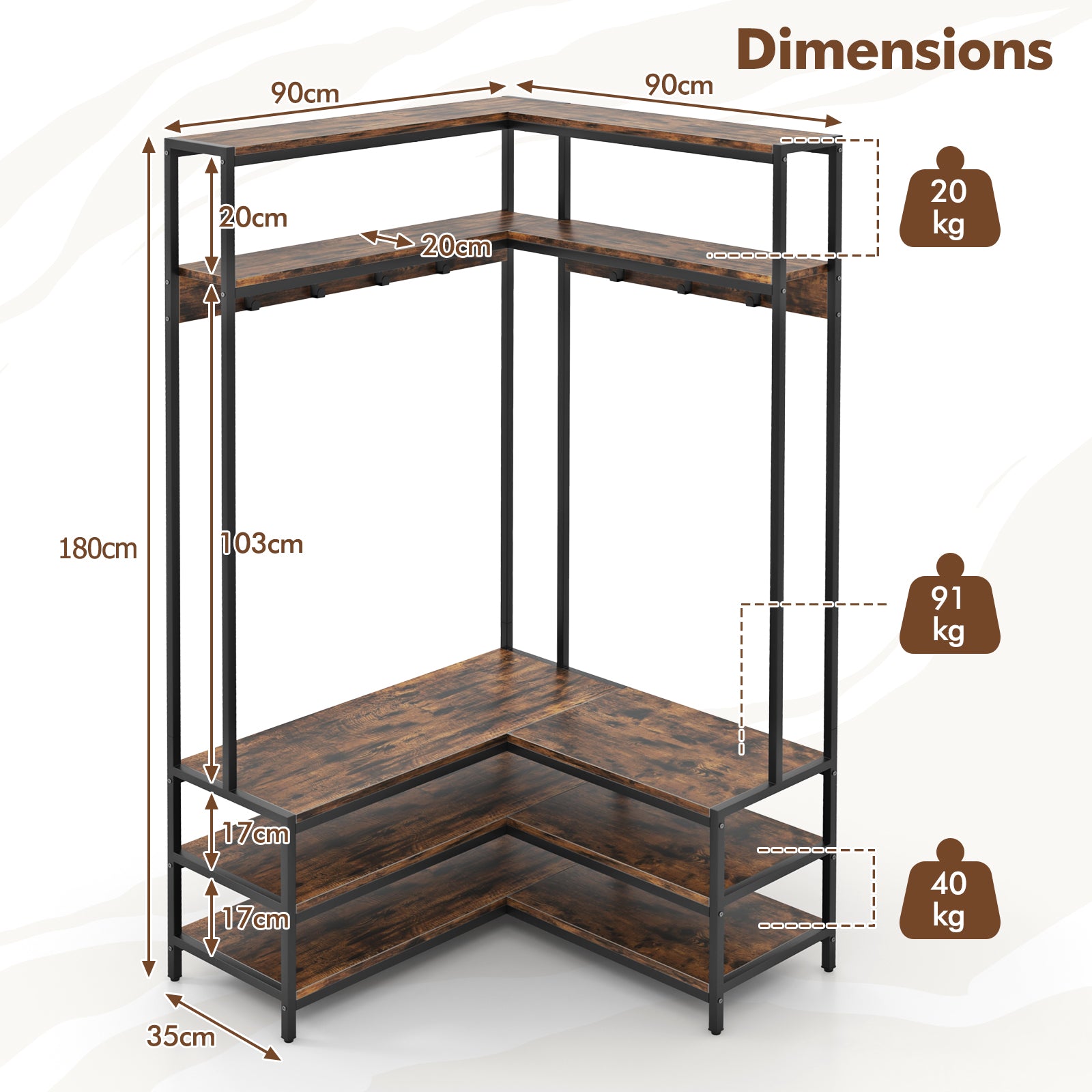 L-shaped Clothes Corner Garment Rack with Open Shelves and 7 Hooks-Rustic Brown