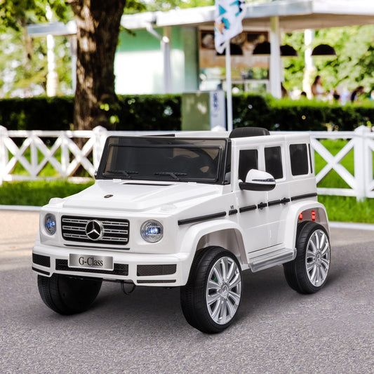 سيارة ركوب كهربائية مرخصة للأطفال من HOMCOM Mercedes Benz G500 بجهد 12 فولت مع جهاز تحكم عن بعد للآباء، تعمل بالبطارية بمحركين وموسيقى وأضواء وMP3 للأطفال من 3-8 سنوات - أبيض