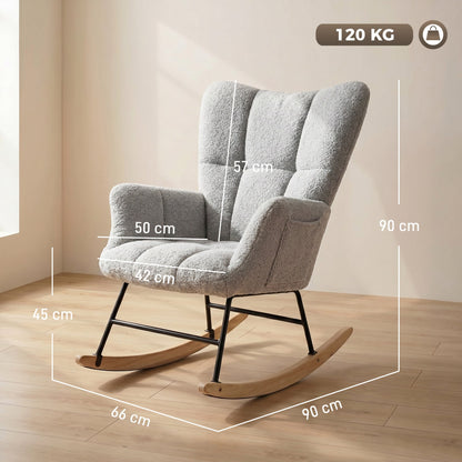 HOMCOM Rocking Chair, Teddy Fleece Rocker Chair with Tufted Wingback, Side Pockets, Rubber Wood Legs, Light Grey