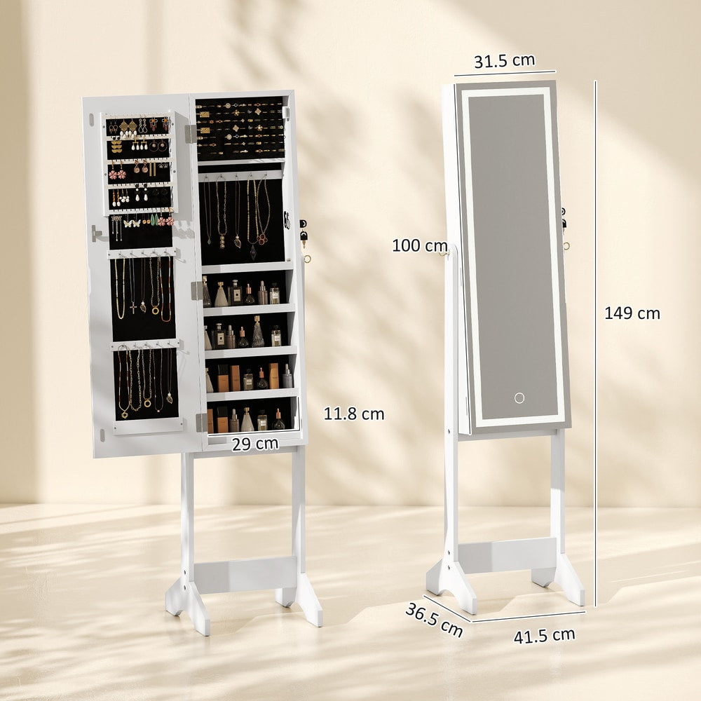 HOMCOM Mirror Jewelry Cabinet with LED Light, Freestanding Lockable Full Length Mirror with Storage, 3 Angles Adjustable, White
