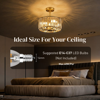HOMCOM Semi Flush Mount Modern Crystal Chandelier Ceiling Light, Crystal Ceiling Light Fixture with E14 Base, Gold