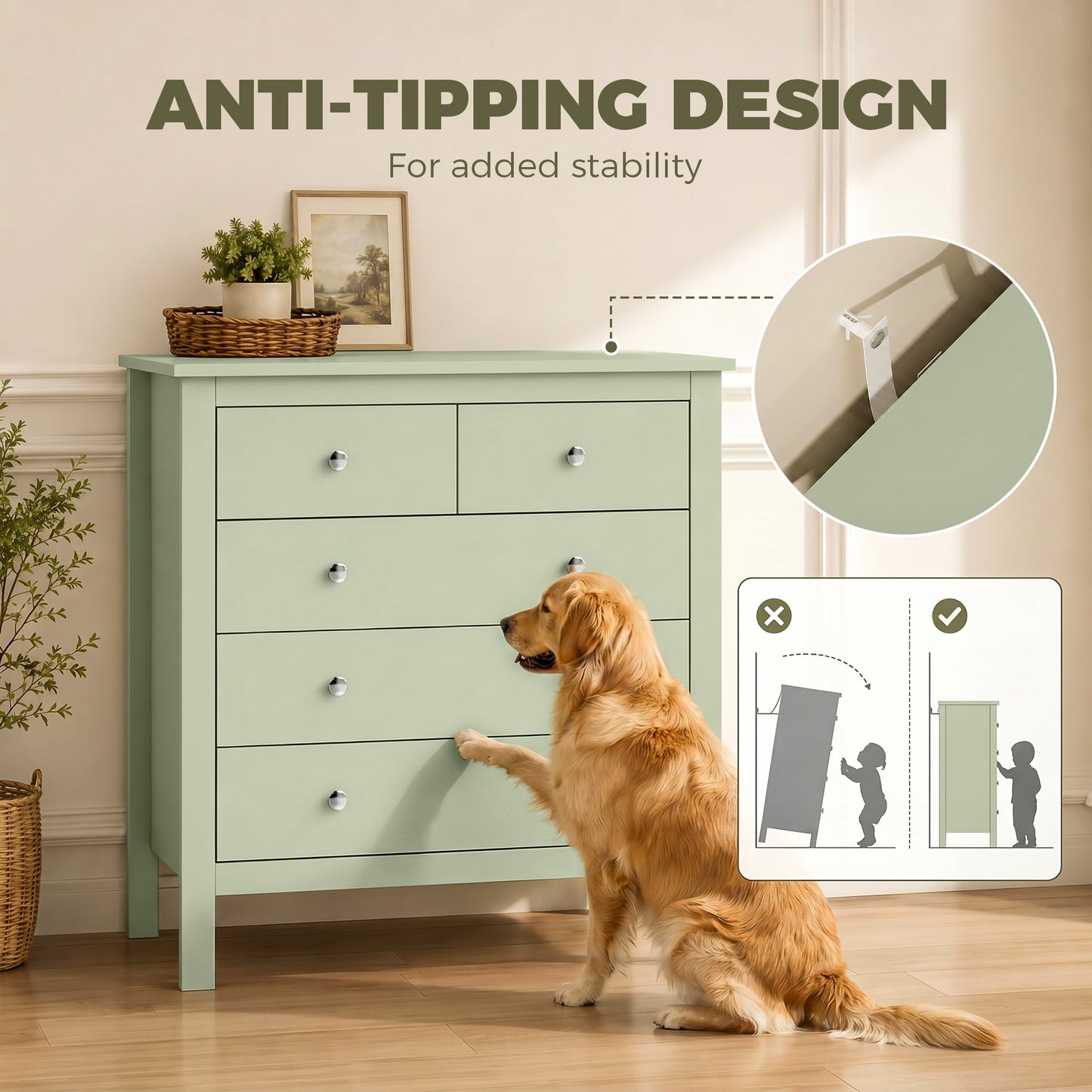 HOMCOM 5 Drawer Dresser for Bedroom, Modern Chest of Drawers, Wide Storage Unit for Living Room, Hallway, Sage Green