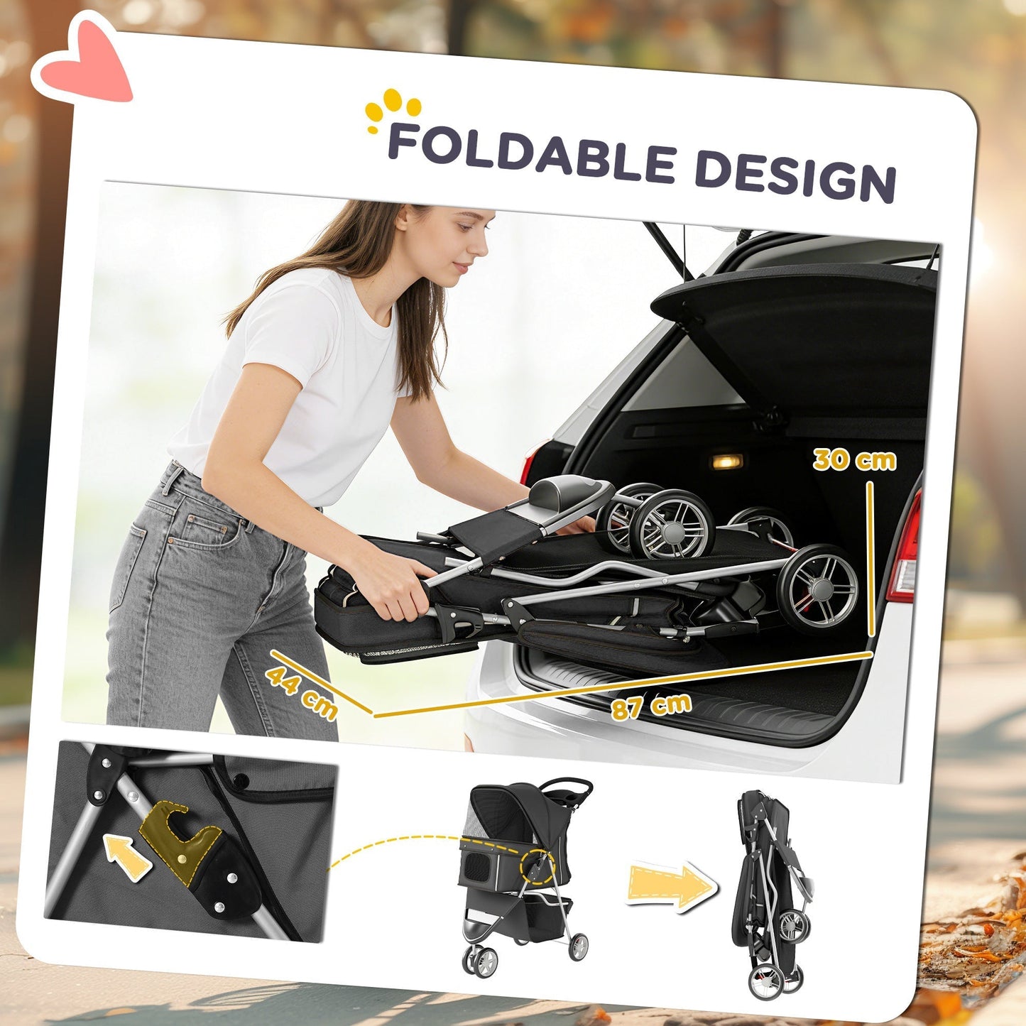 PawHut Dog Stroller, 3 Wheels Foldable Pet Stroller with Adjustable Canopy, Storage Basket for Small Mini Breeds, Dark Grey