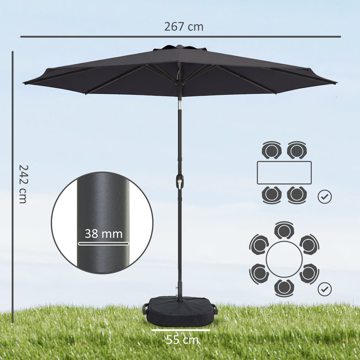 Outsunny 2.7 m Garden Parasol Umbrella in Black