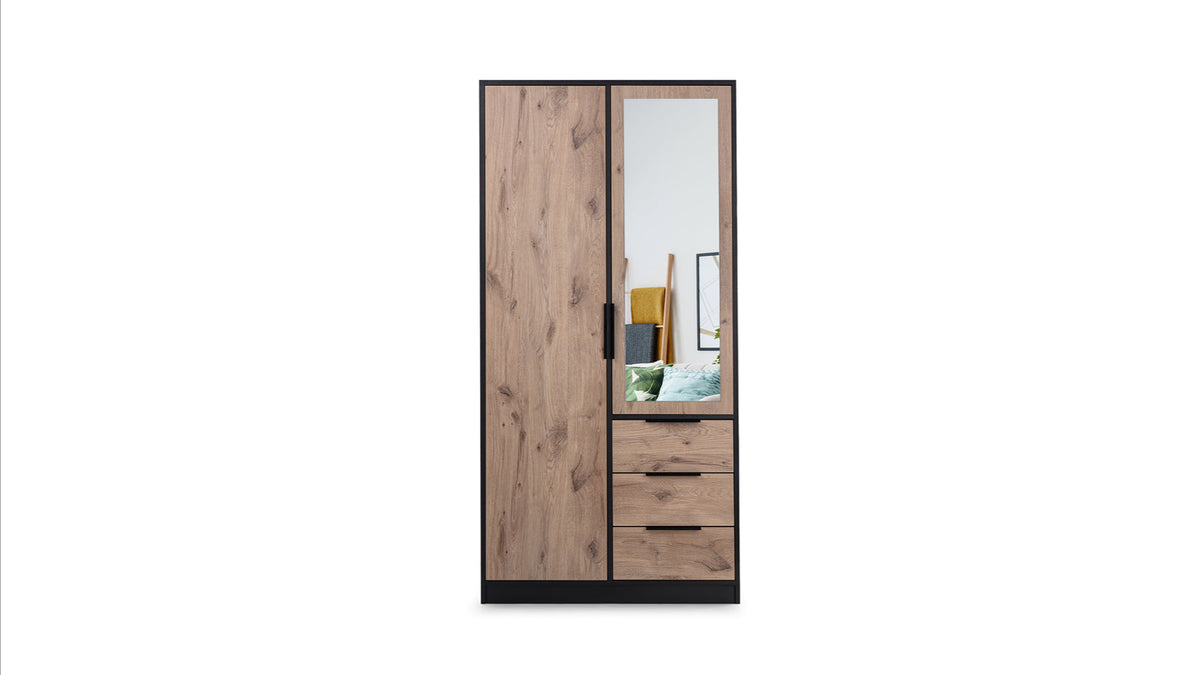Lati D2 Mirrored Hinged Door Wardrobe 100cm (LATI-D2) in Oak Viking