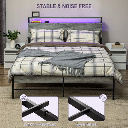 HOMCOM King Steel Bed Frame, with LED Lights and Headboard Shelf - Grey