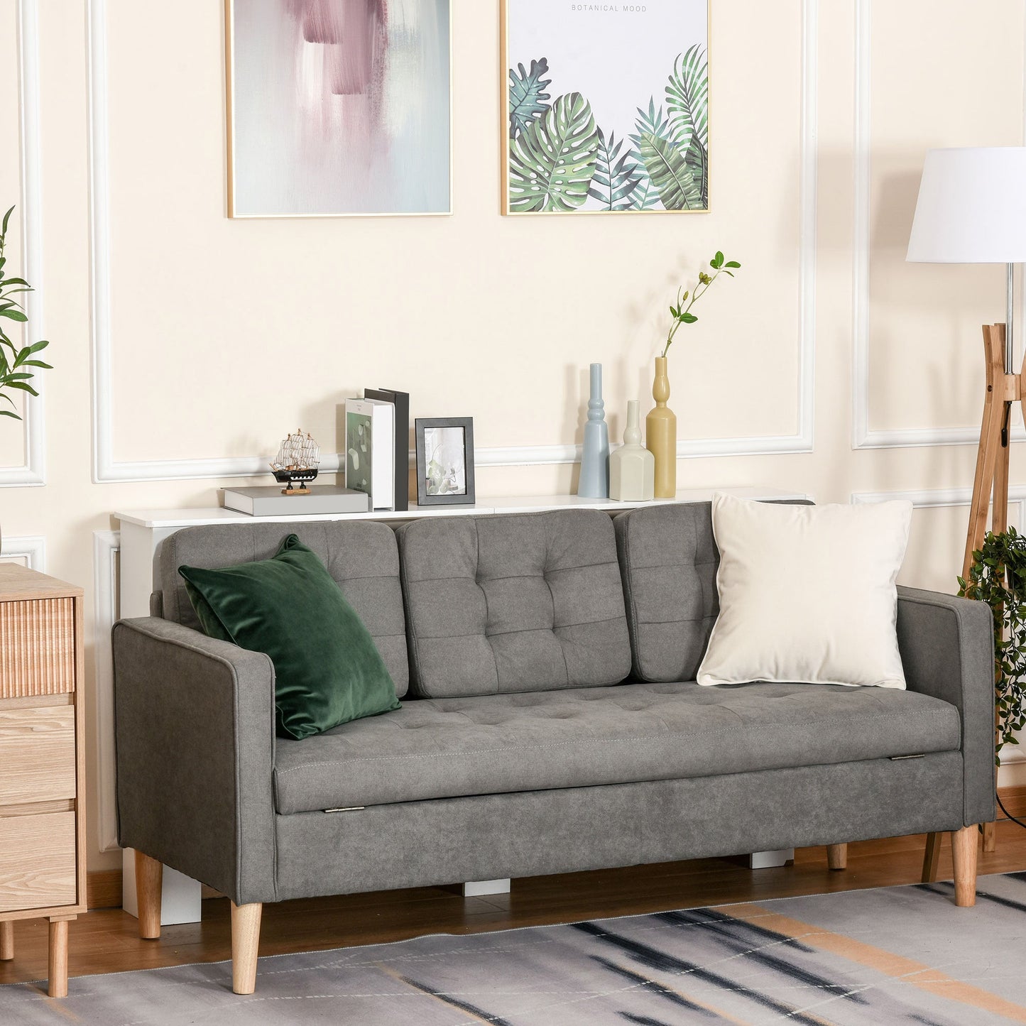 HOMCOM Modern 3 Seater Sofa with Hidden Storage, 169cm Tufted Snow Flannel Couch with Wood Legs, Compact Sofa for Living Room, Grey