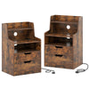 LED Nightstand with Charging Station 2-Drawer Bedside Table with Open Shelf Set of 2-Rustic Brown